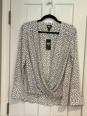 INC International Concepts Ivory Blouse with Black Polka Dots